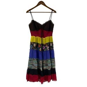 Michelle Antonelli Colorful 100% Silk Party Dress Tiered Ruffle Vintage Size 4
